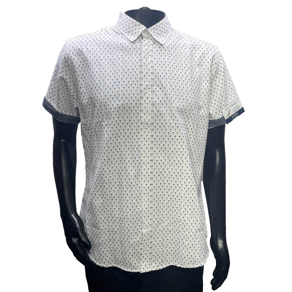 NWT Paper Denim Cloth Men L Short Slv Button Down Shirt Wht/Blk Palm Print READ